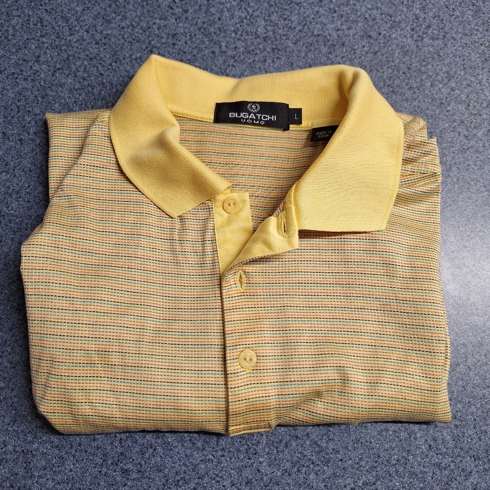 Bugatchi Yellow Mulit-Colored Stripped Gold Polo, Size Large, RN#99428